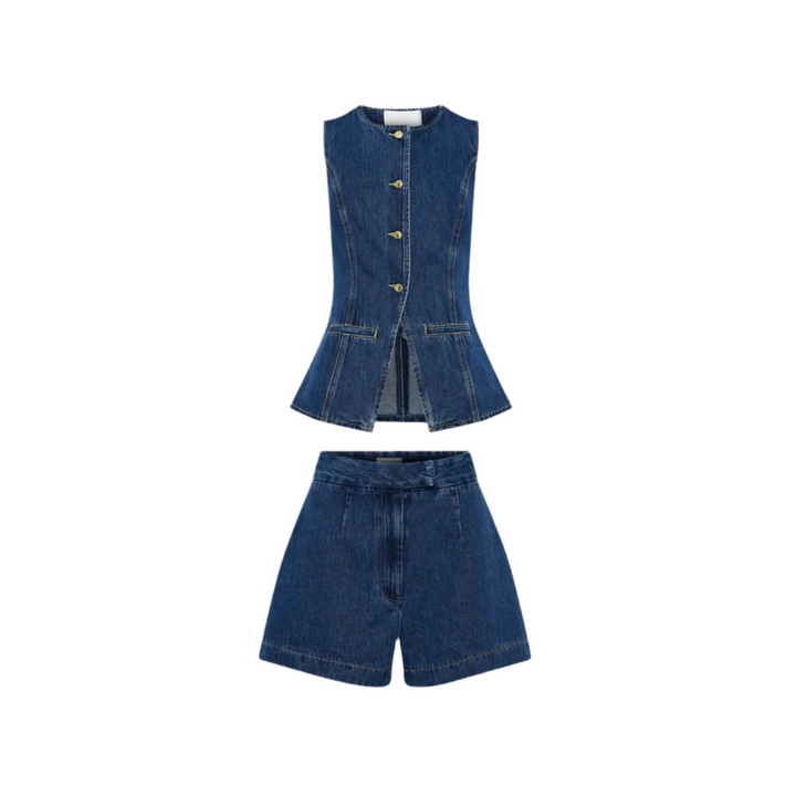 Denim Zweiteiler-Ärmellose Weste und hochgeschnittene Shorts