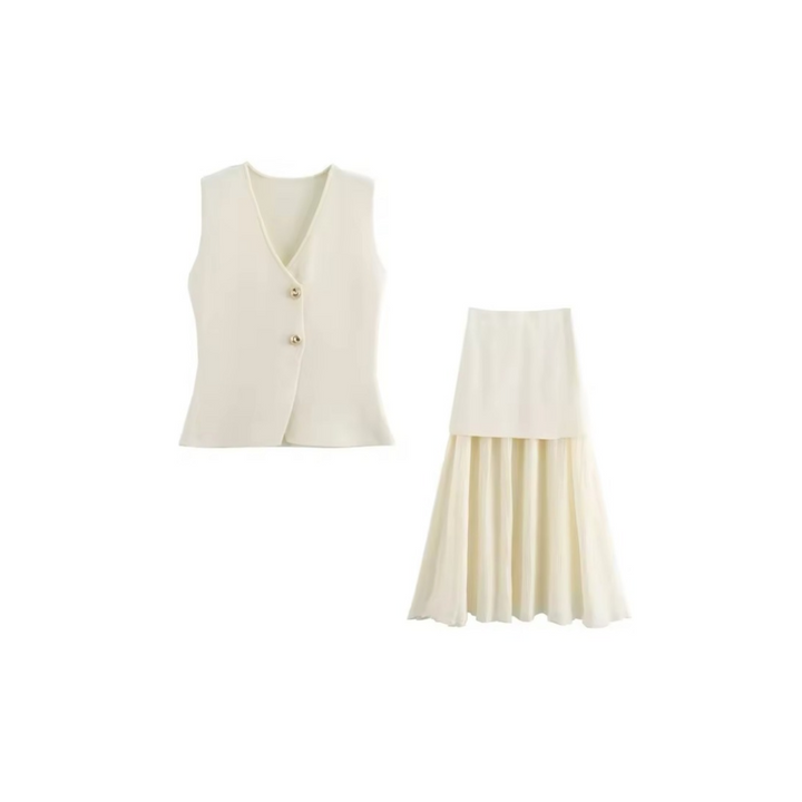 Elegantes Weißes Set – Ärmellose Weste und Langer Plissierter Rock