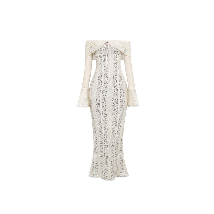 Schulterfreies Spitzenkleid in Creme