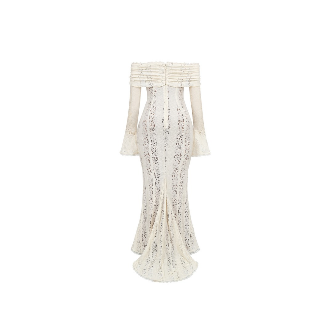 Schulterfreies Spitzenkleid in Creme