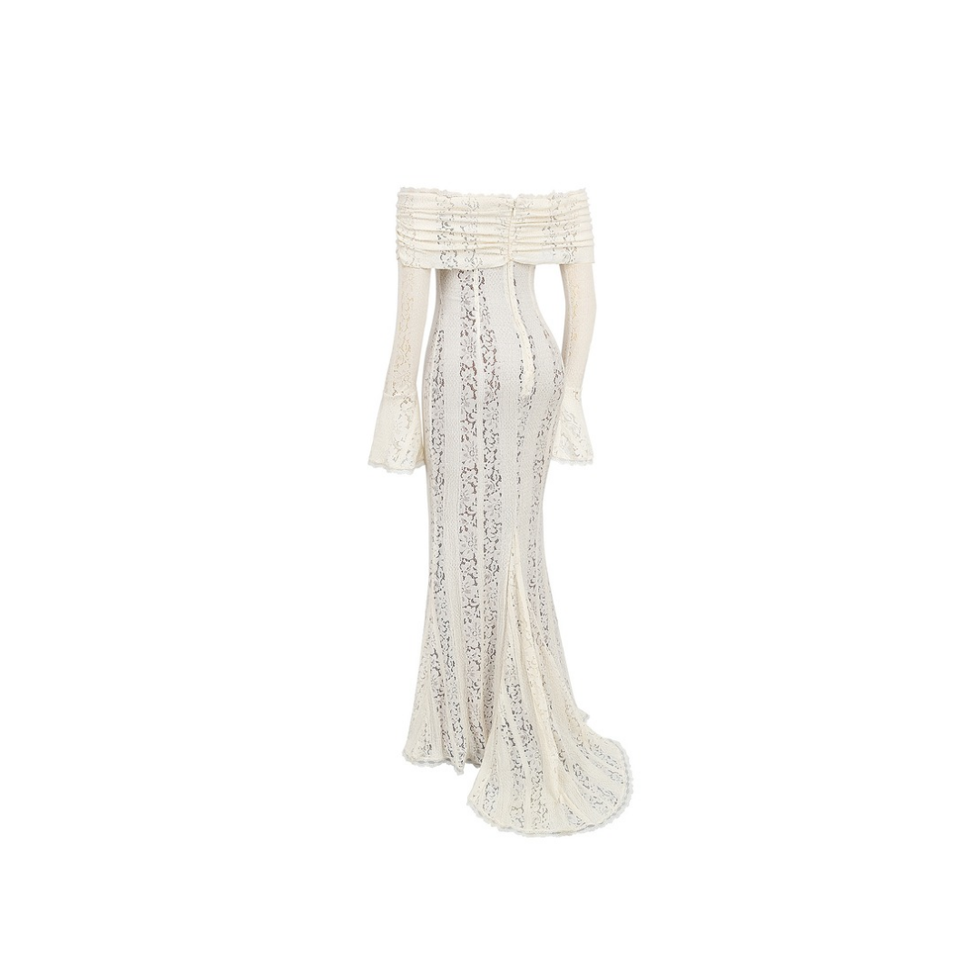 Schulterfreies Spitzenkleid in Creme
