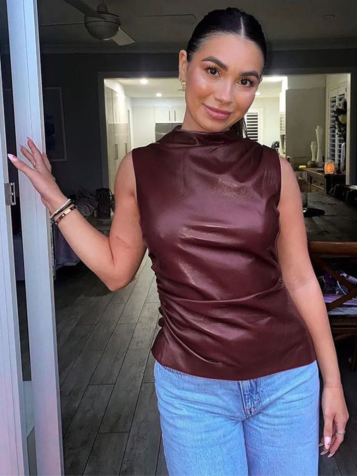 Tanktop Vintage-Elegantes Kunstleder-Oberteil mit asymmetrischem Schnitt