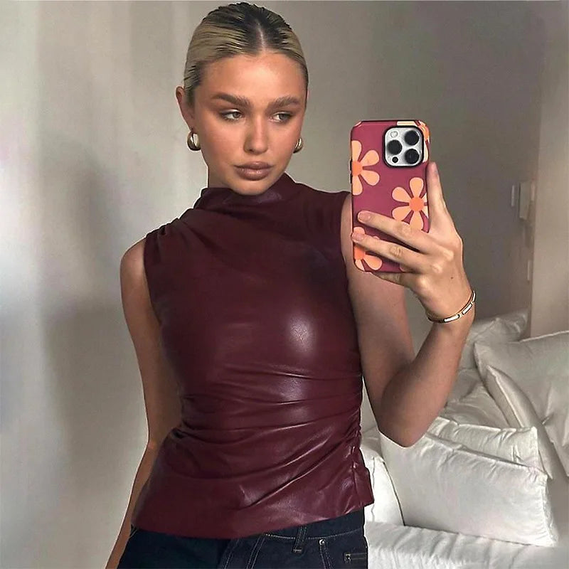 Tanktop Vintage-Elegantes Kunstleder-Oberteil mit asymmetrischem Schnitt