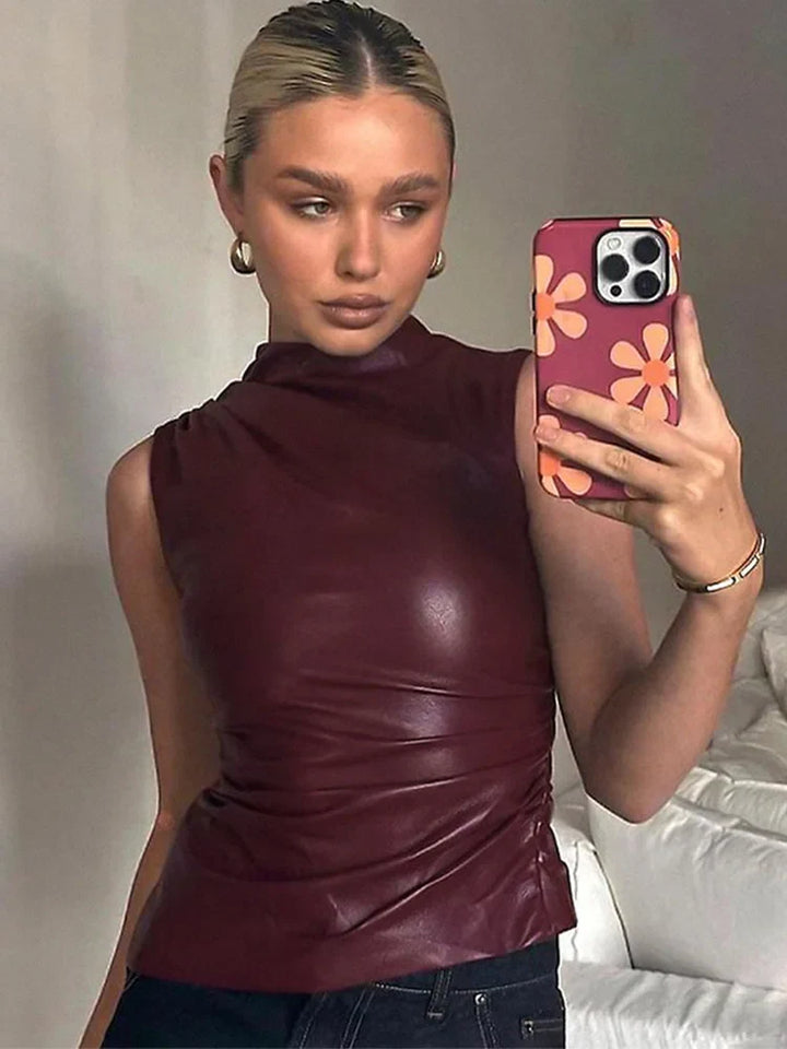Tanktop Vintage-Elegantes Kunstleder-Oberteil mit asymmetrischem Schnitt